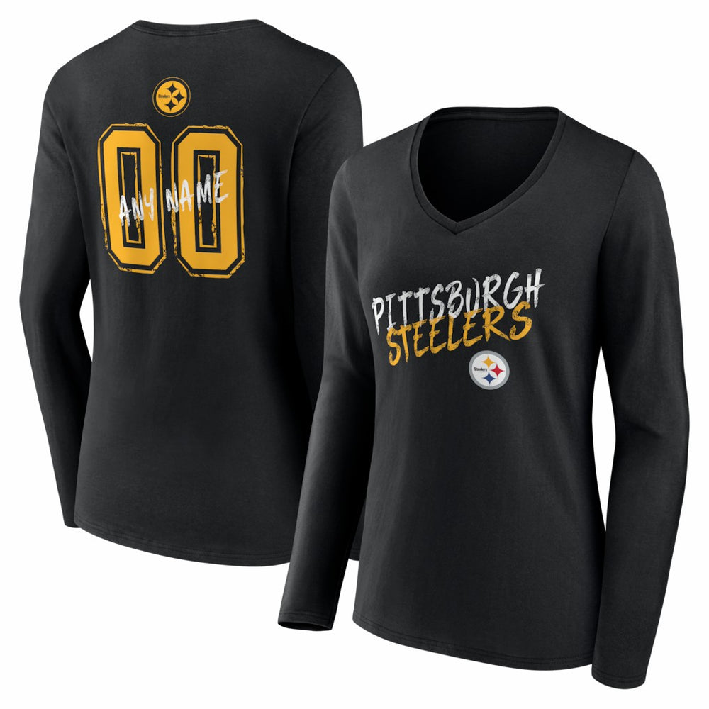 Pittsburgh Steelers Women's Hustle Personalized Name & Number Long Sleeve V-Neck T-Shirt Black | NFL