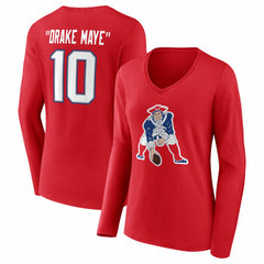 Drake Maye New England Patriots Women's Nickname V-Neck Long Sleeve T-Shirt Red | NFL