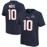 Drake Maye New England Patriots Youth Super Bowl LX Patch Name & Number T-Shirt Navy | Nike for Sale