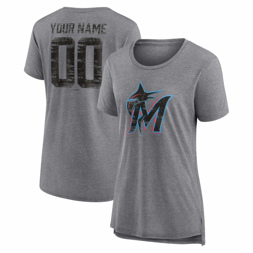 Miami Marlins Women's Heritage Personalized Any Name & Number Tri-Blend T-Shirt - MLB
