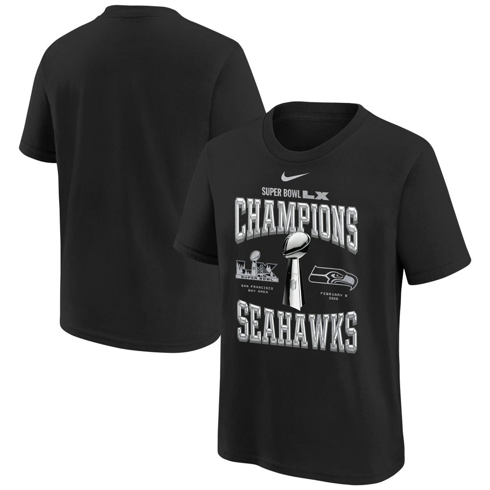 Seattle Seahawks Youth Super Bowl LX Champions Locker Room Trophy Collection Replica T-Shirt Black | Nike for Sale