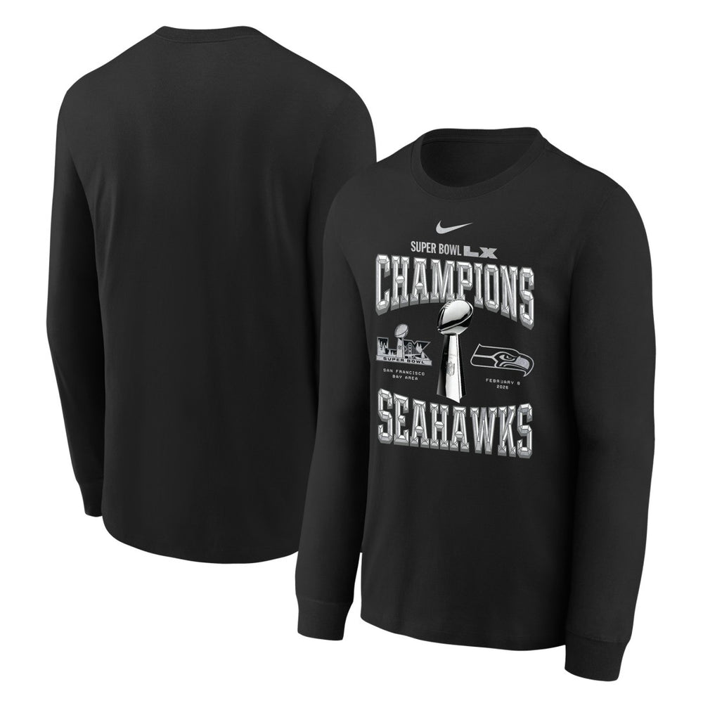 Seattle Seahawks Youth Super Bowl LX Champions Locker Room Trophy Collection Long Sleeve T-Shirt Black | Nike for Sale