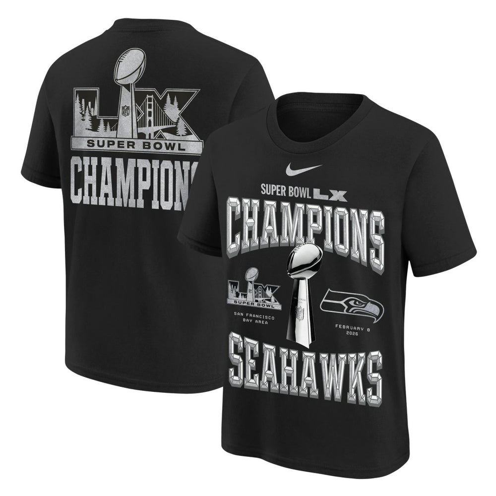 Seattle Seahawks Youth Super Bowl LX Champions Locker Room Trophy Collection Authentic T-Shirt Black | Nike for Sale