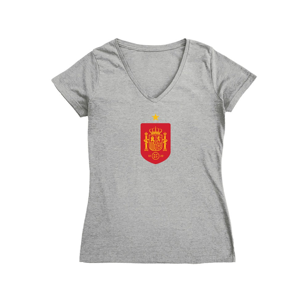 Spain National Team Vive La Fete Women's Color Badge V-Neck Fitted T-Shirt Gray - FIFA World CUP