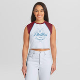 Philadelphia Phillies WEAR by Erin Andrews Women's Cooperstown Cropped Raglan Tank Top - MLB