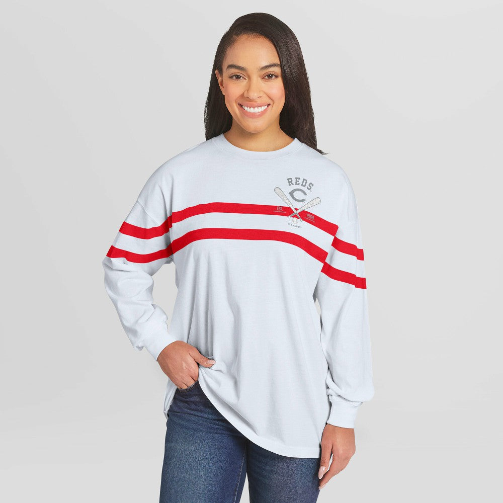Cincinnati Reds WEAR by Erin Andrews Women's Oversized Long Sleeve Striped T-Shirt - MLB