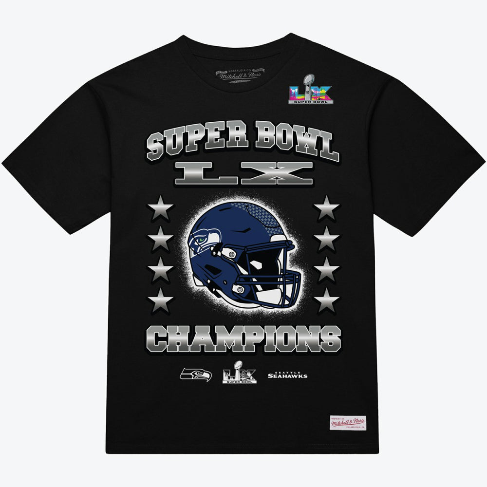 Seattle Seahawks Super Bowl LX Champions Helmet Arch T-Shirt Black | Mitchell & Ness