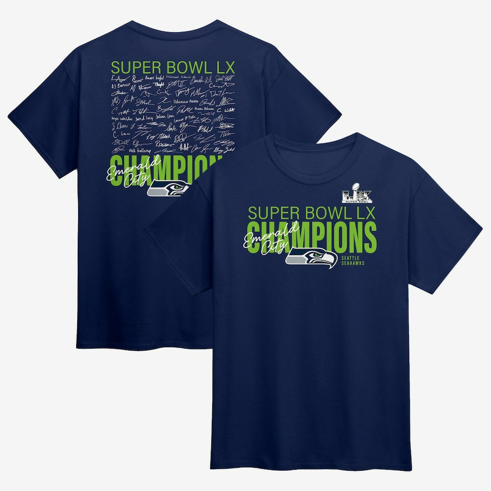 Seattle Seahawks Super Bowl LX Champions Big & Tall Autograph Signing Roster T-Shirt College Navy | Fanatics