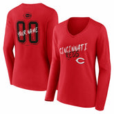 Cincinnati Reds Women's Hustle Personalized Name & Number Long Sleeve V-Neck T-Shirt - MLB