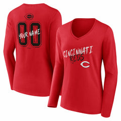 Cincinnati Reds Women's Hustle Personalized Name & Number Long Sleeve V-Neck T-Shirt - MLB