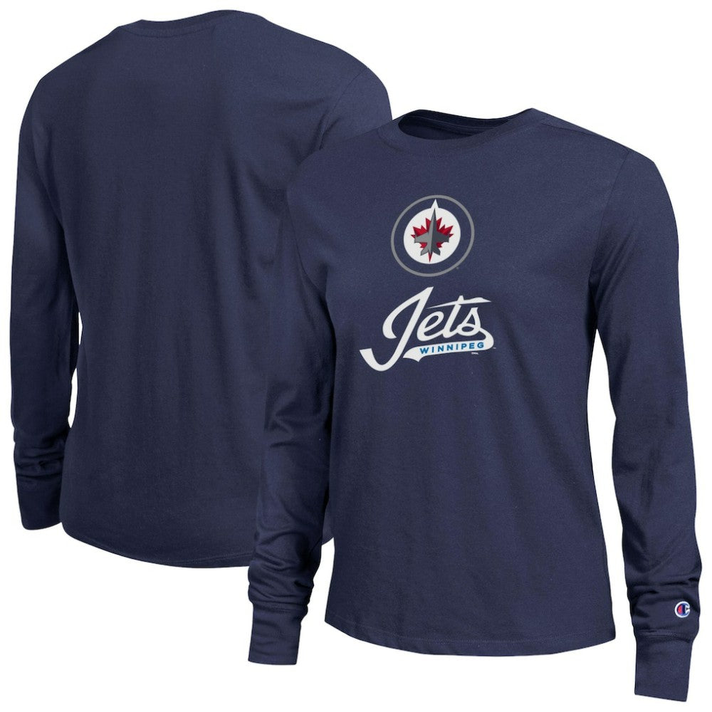 Winnipeg Jets Champion Women's Wordmark Lockup Long Sleeve T-Shirt - Navy - NHL