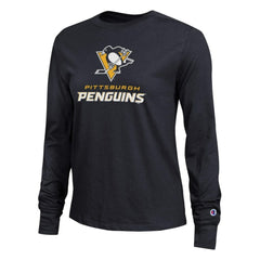 Pittsburgh Penguins Champion Women's Wordmark Lockup Long Sleeve T-Shirt - Black - NHL