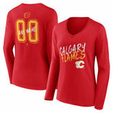 Calgary Flames Women's Hustle Personalized Name & Number Long Sleeve V-Neck T-Shirt - Red - NHL