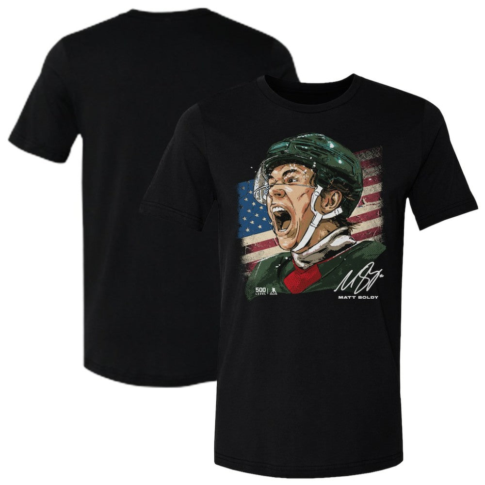 Matthew Boldy US Men's Hockey 500 Level Flag T-Shirt - Black - NHL
