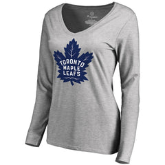 Toronto Maple Leafs Women's New Primary Logo V-Neck Long Sleeve T-Shirt - Heathered Gray - NHL
