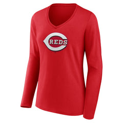 Cincinnati Reds Women's Team Color Primary Logo V-Neck Long Sleeve T-Shirt - MLB