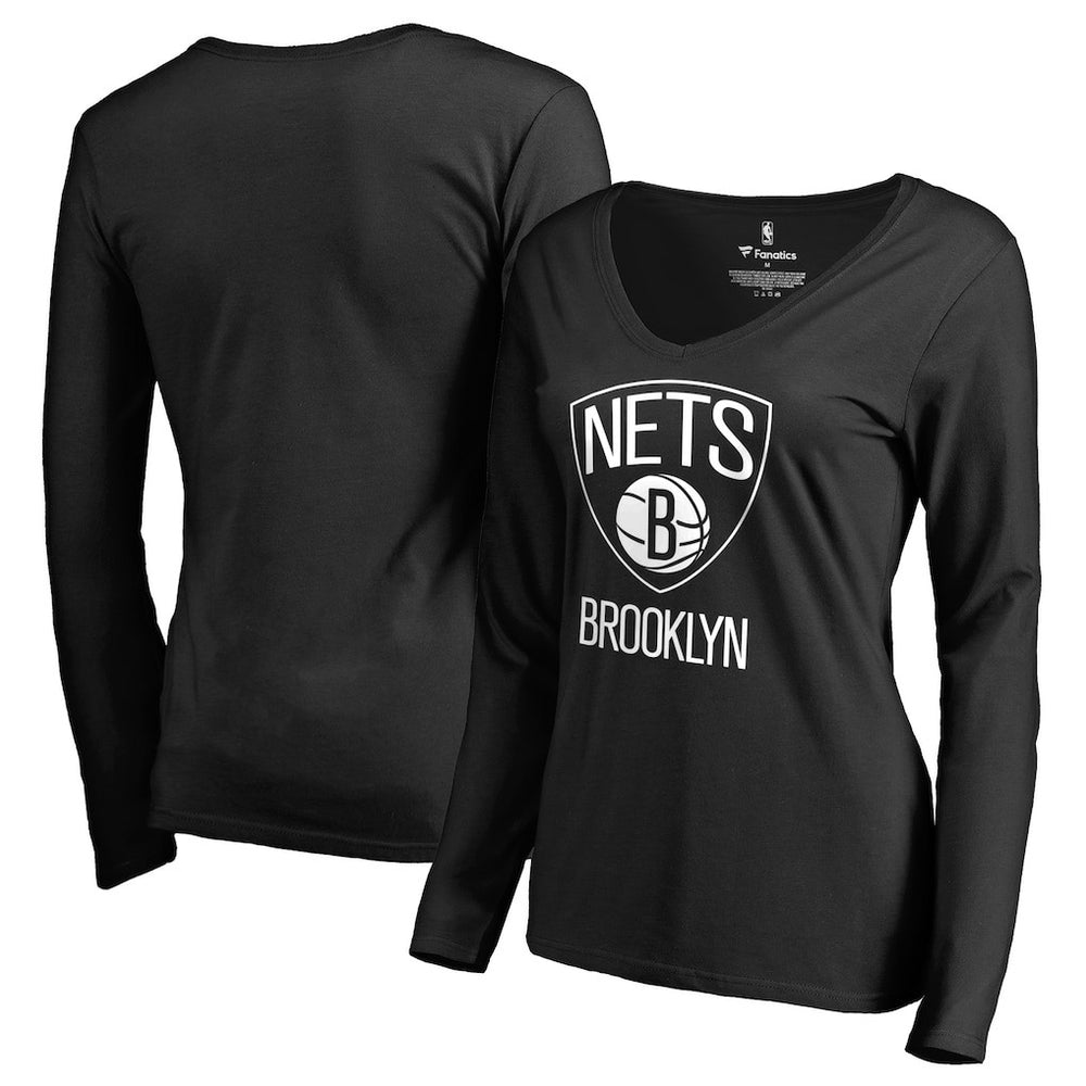 Brooklyn Nets Women's Primary Logo V-Neck Long Sleeve T-Shirt Black - NBA