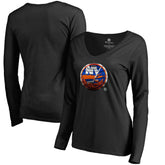 New York Islanders Women's Midnight Mascot Long Sleeve V-Neck T-Shirt - Black - NHL