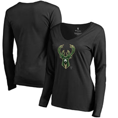 Milwaukee Bucks Women's Midnight Mascot Long Sleeve V-Neck T-Shirt Black - NBA