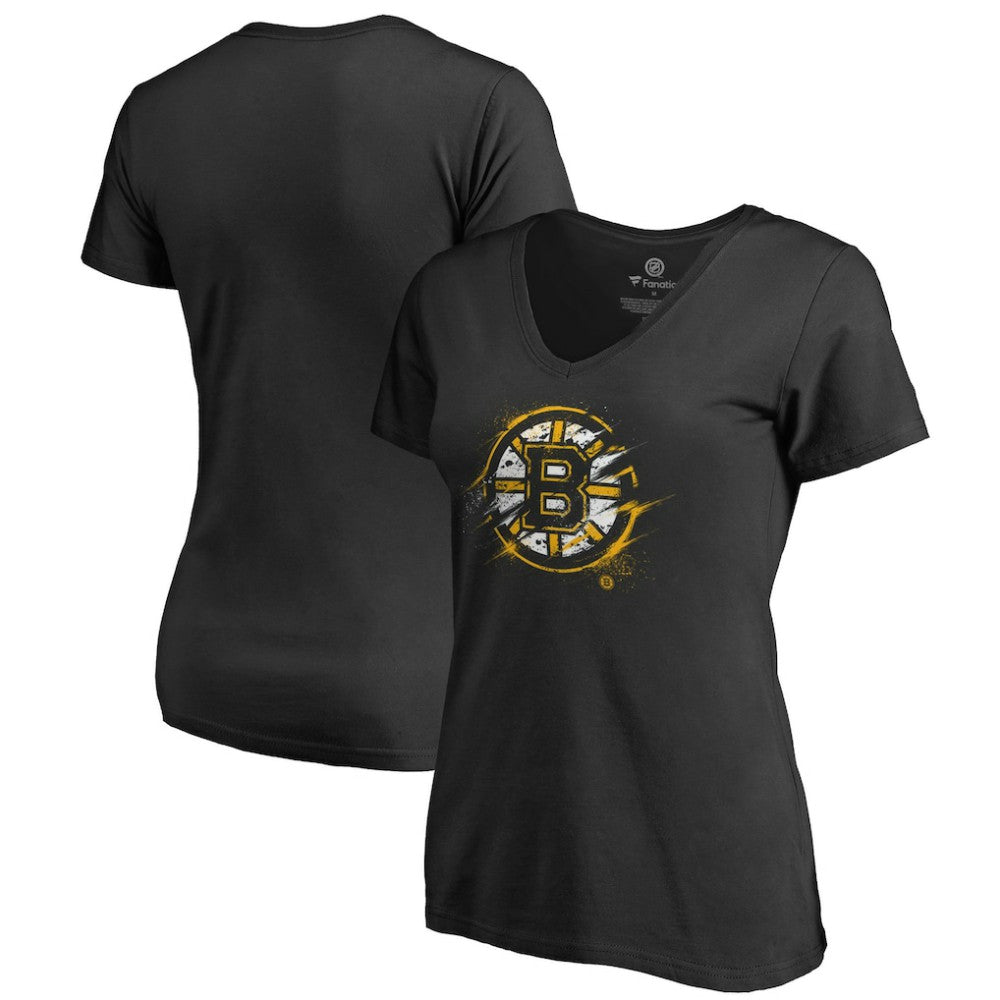 Boston Bruins Women's Splatter Logo V-Neck T-Shirt - Black - NHL