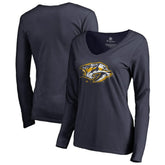 Nashville Predators Women's Splatter Logo V-Neck Long Sleeve T-Shirt - Navy - NHL