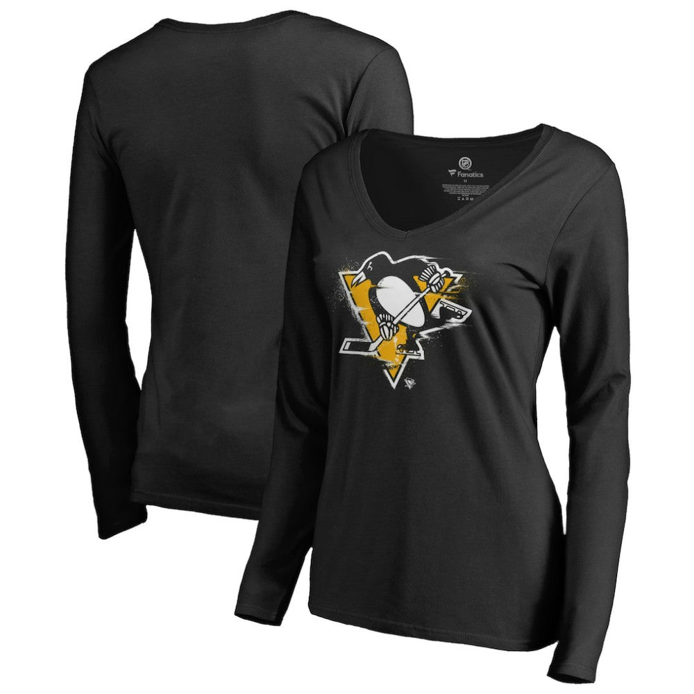 Pittsburgh Penguins Women's Splatter Logo V-Neck Long Sleeve T-Shirt - Black - NHL