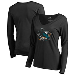 San Jose Sharks Women's Splatter Logo V-Neck Long Sleeve T-Shirt - Black - NHL