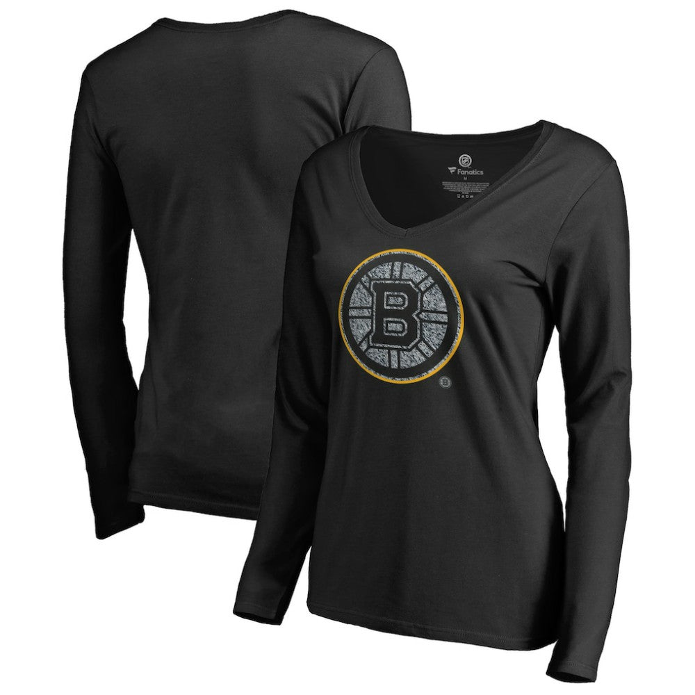 Boston Bruins Women's Static Logo Long Sleeve V-Neck T-Shirt - Black - NHL