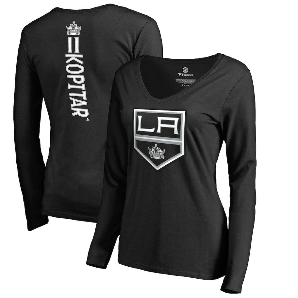 Anze Kopitar Los Angeles Kings Women's Backer Name & Number Slim Fit Long Sleeve V-Neck T-Shirt - Black - NHL