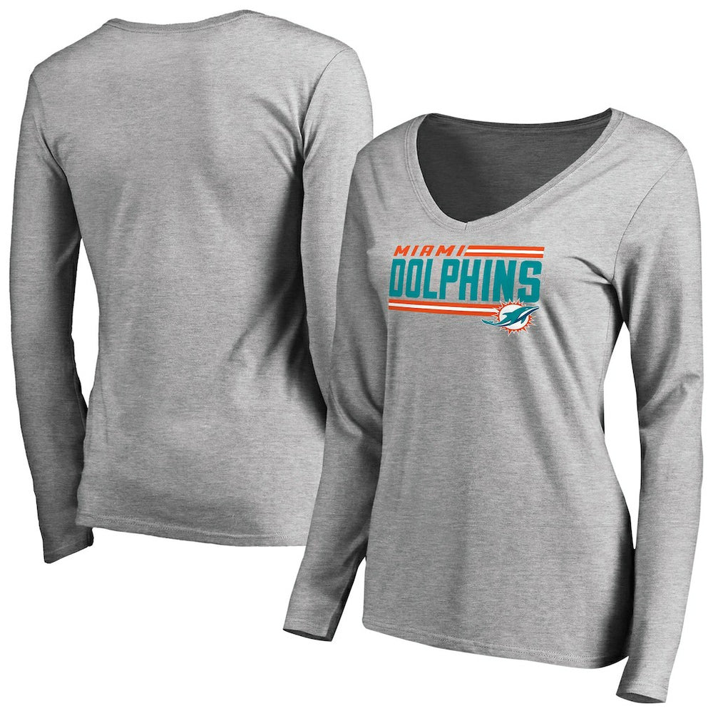 Miami Dolphins Women's Iconic Collection On Side Stripe Long Sleeve V-Neck T-Shirt Ash | NFL