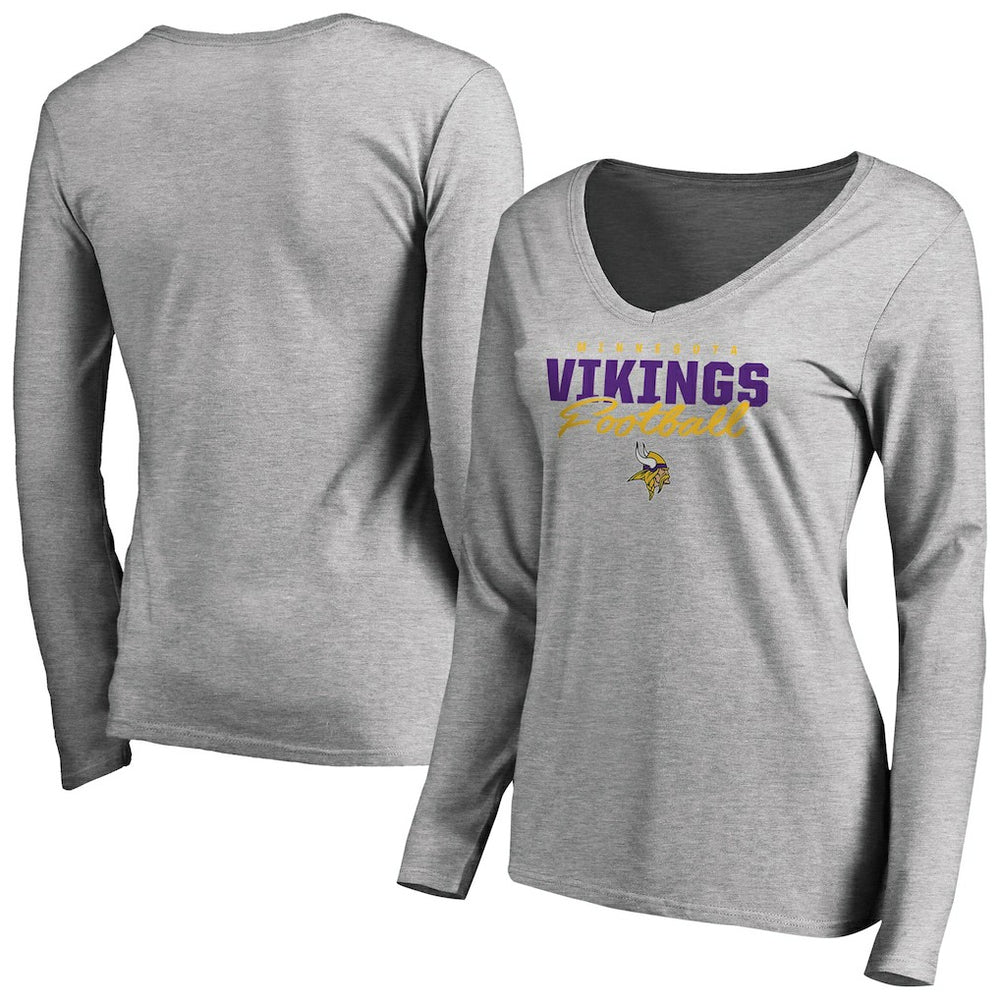 Minnesota Vikings Women's Iconic Collection Script Assist Long Sleeve V-Neck T-Shirt Ash | NFL