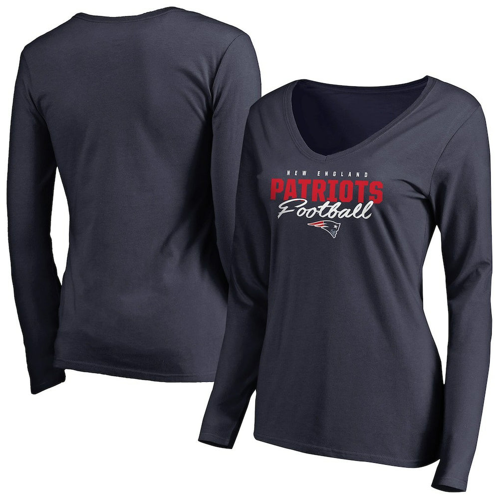 New England Patriots Women's Iconic Collection Script Assist Long Sleeve V-Neck T-Shirt Navy | NFL