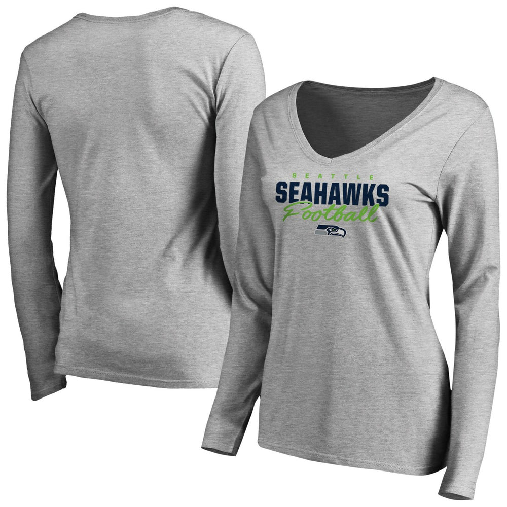 Seattle Seahawks Women's Iconic Collection Script Assist Long Sleeve V-Neck T-Shirt Ash | NFL