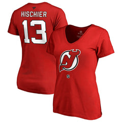 Nico Hischier New Jersey Devils Women's Authentic Stack Name & Number V-Neck T-Shirt - Red - NHL