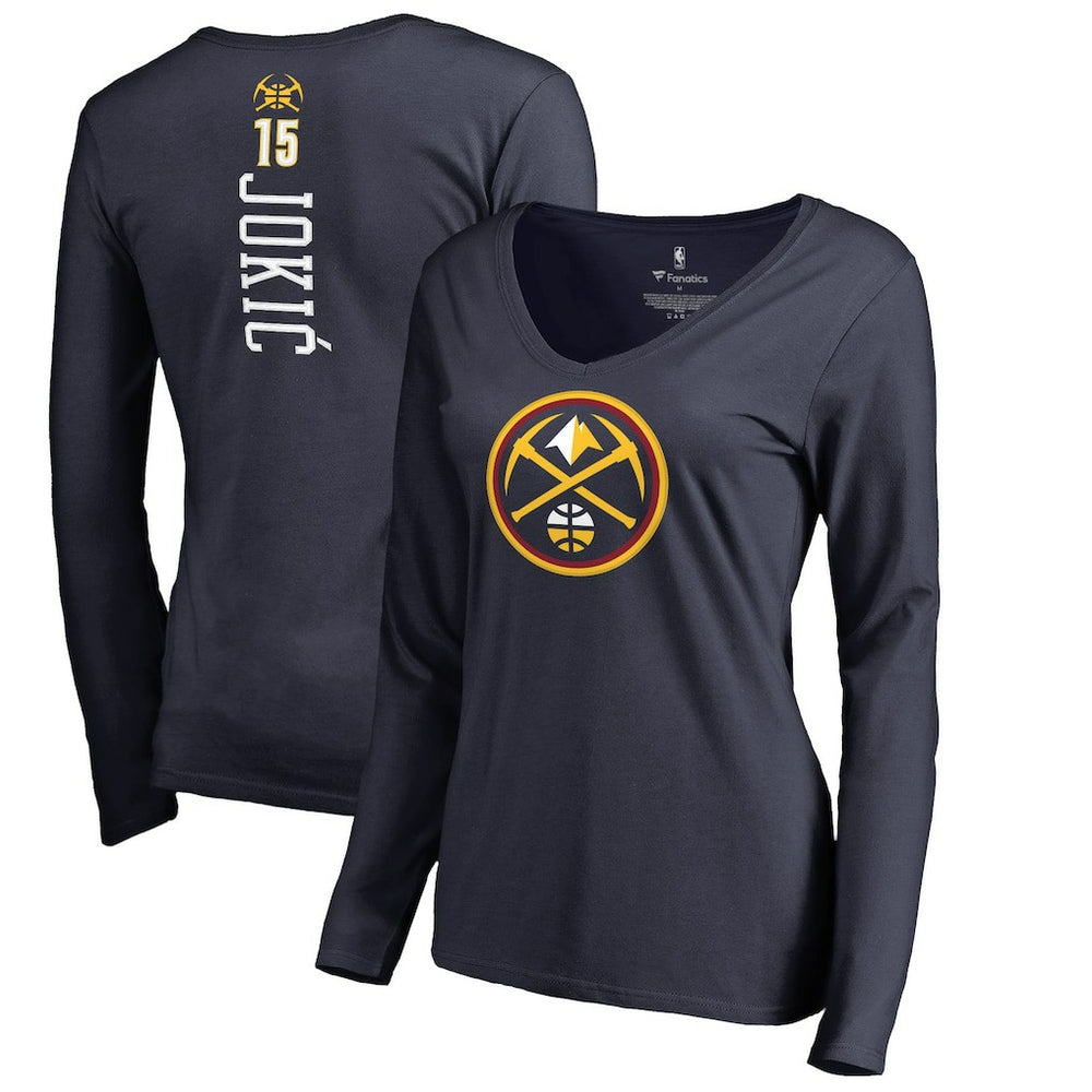 Nikola Jokic Denver Nuggets Women's Team Backer Name & Number Long Sleeve V-Neck T-Shirt Navy - NBA