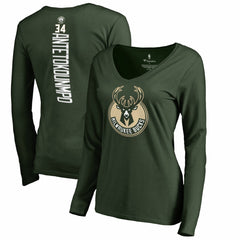 Giannis Antetokounmpo Milwaukee Bucks Women's Team Backer Name & Number Long Sleeve V-Neck T-Shirt Hunter Green - NBA