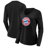 Bayern Munich Women's Logo Long Sleeve V-Neck T-Shirt Black - FIFA World CUP