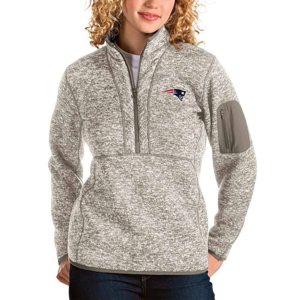 New England Patriots Antigua Women's Fortune Half-Zip Pullover Jacket Oatmeal | NFL