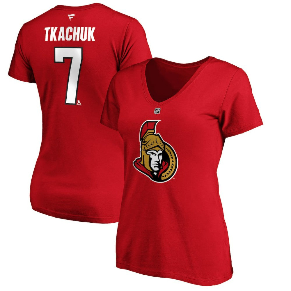 Brady Tkachuk Ottawa Senators Fanatics Women's Authentic Stack Name & Number V-Neck T-Shirt - Red - NHL
