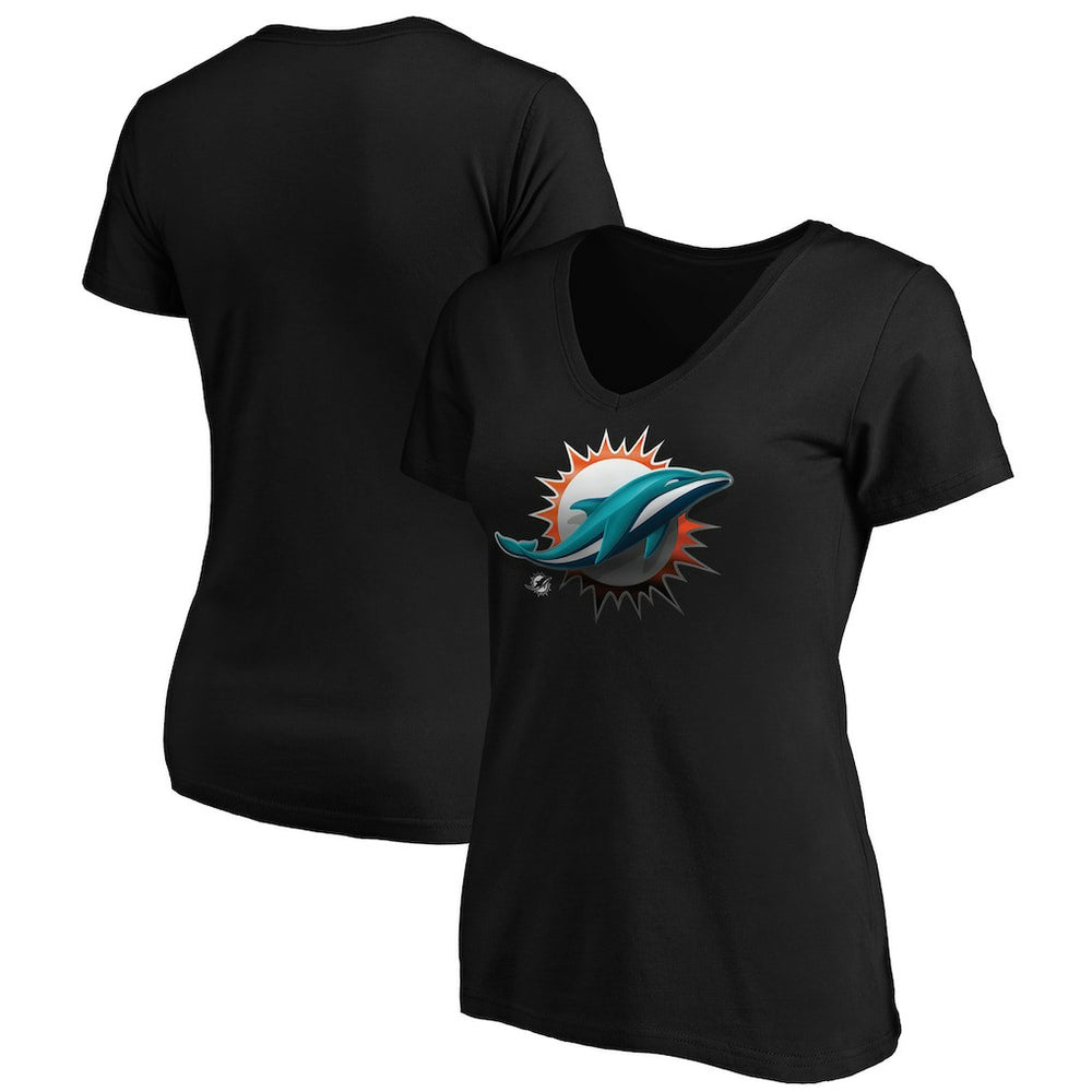 Miami Dolphins Women's Midnight Mascot Logo V-Neck T-Shirt Black | NFL