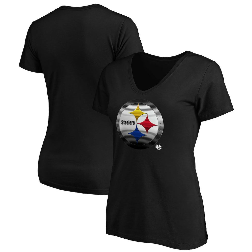Pittsburgh Steelers Women's Midnight Mascot Logo V-Neck T-Shirt Black | NFL