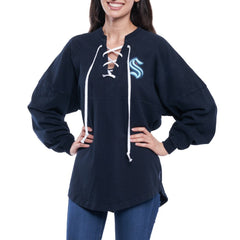 Seattle Kraken Fanatics Women's Lace Up Long Sleeve Spirit Top - Navy - NHL