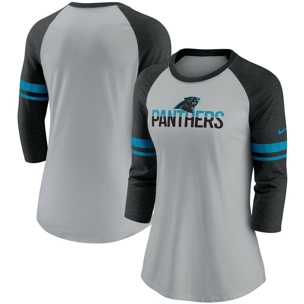 Carolina Panthers Women's Stripe Mesh Nickname Tri-Blend 3/4-Sleeve T-Shirt Heathered Gray/Black | Nike for Sale