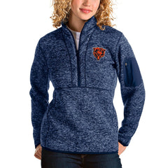 Chicago Bears Antigua Women's Bear Head Fortune Half-Zip Pullover Jacket Heather Navy | NFL