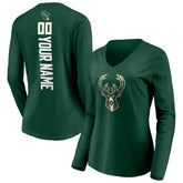 Milwaukee Bucks Women's Playmaker Personalized Name & Number Long Sleeve V-Neck T-Shirt Hunter Green - NBA