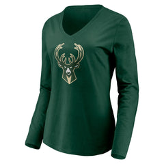 Milwaukee Bucks Women's Playmaker Personalized Name & Number Long Sleeve V-Neck T-Shirt Hunter Green - NBA