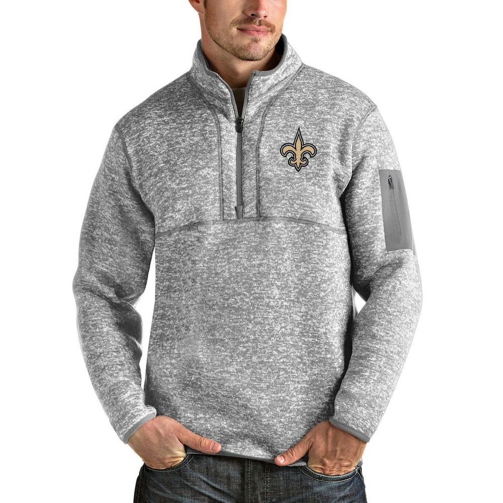 New Orleans Saints Antigua Team Logo Fortune Quarter-Zip Pullover Jacket Heather Gray | NFL