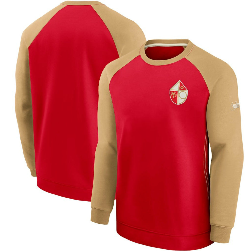 San Francisco 49ers Historic Raglan Crew Performance Sweater Scarlet/Gold | Nike for Sale