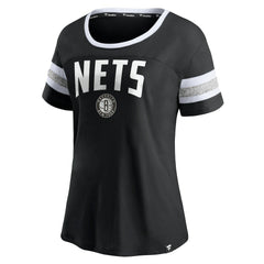 Brooklyn Nets Women's Block Party Striped Sleeve T-Shirt Black/Heathered Gray - NBA