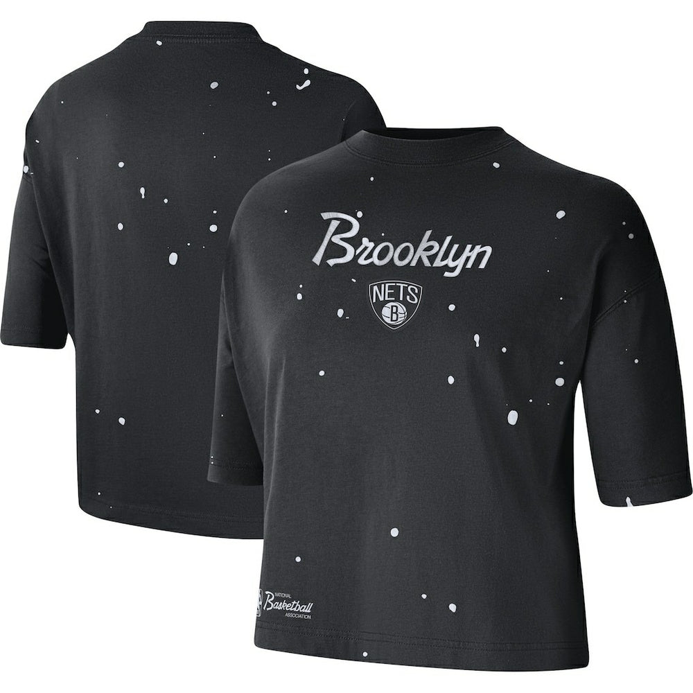 Brooklyn Nets Women's Courtside Splatter Cropped T-Shirt Black - NBA